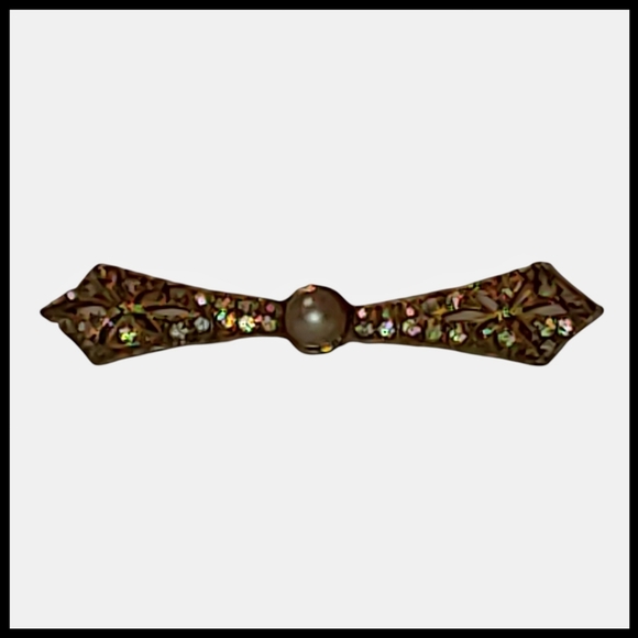 Vintage Rhinestone and Faux Pearl Bar Brooch - Picture 6 of 8